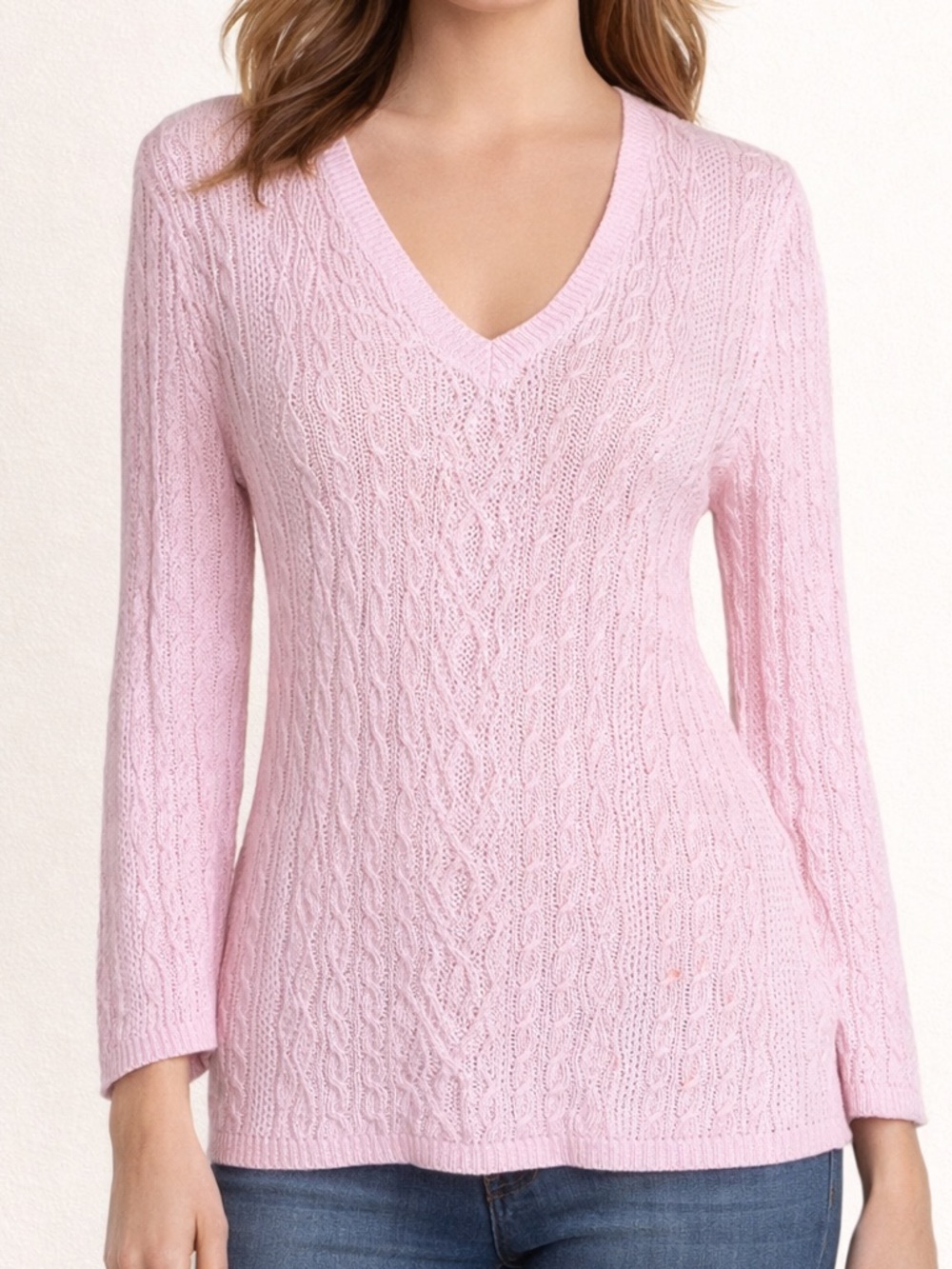 Lauren Ralph Lauren Pink Linen Cable Knit V Neck Sweater M